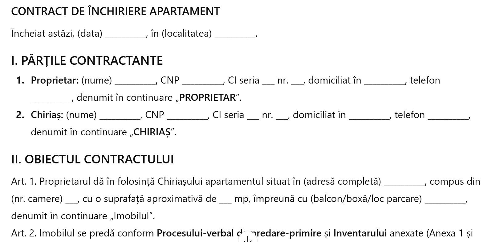 Model contract inchiriere apartament 2026, clauze si anexe